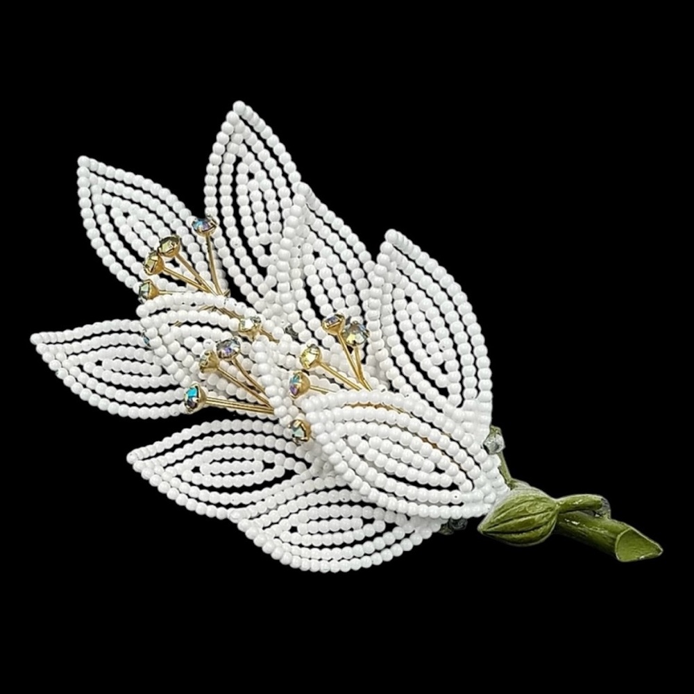 Vintage Lisner Beaded Leaf and Rhinestone Brooch